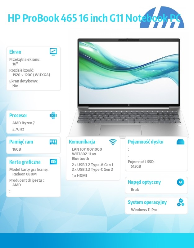 Notebook ProBook 465 G11 Ryzen 7 7735U 512GB/16GB/W11P/16.0 A38DVET