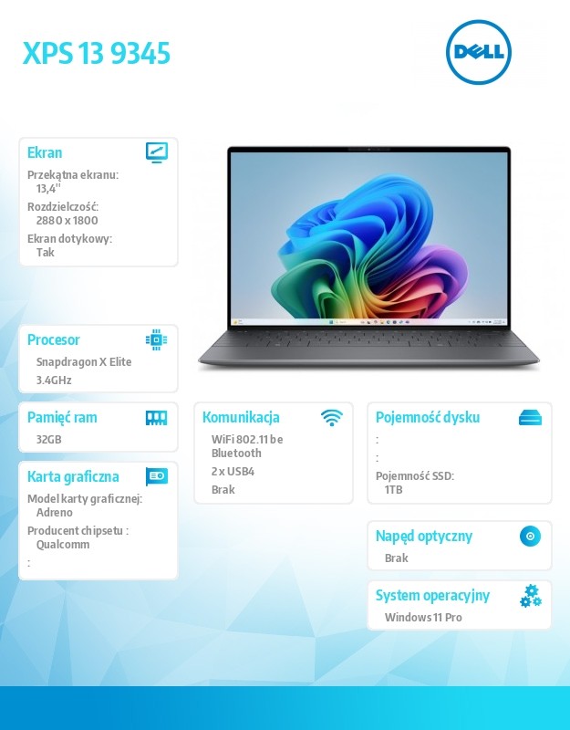 Notebook XPS 13 9345 Win11Pro XELITE12C/32GB/1TB/13.4 OLED Touch/UMA GPU/FgrPr/FHD/IR Cam/Mic/WLAN + BT/Backlit Kb/3 Cell/3Y Basic