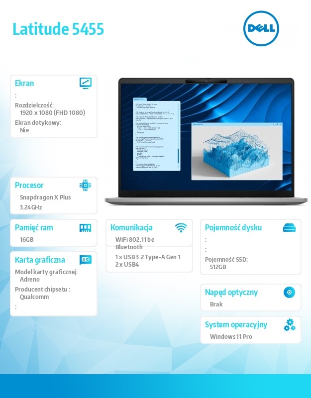 baselinker-1756548266.jpg Notebook Latitude 5455 Win11Pro Snapdragon X Plus 8C 16GB/512GB SSD Gen4/14.0 FHD/Integrated/FgrPr/FHD/IR Cam/Mic/WLAN+BT/Backlit Kb/3C/3YPS