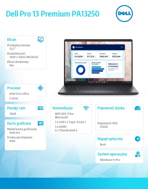 baselinker-1756548354-1.jpg Laptop Dell Pro 13 Premium PA13250 Win11Pro Ultra 5 236V/16GB/512GB SSD G4/13.3 FHD+/Arc/FgrPr/Cams&Mic/WLAN+BT/BcklKb/3C/vPro/3YPS Magnesium