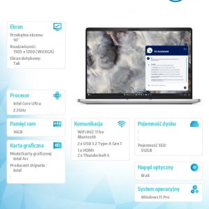 Laptop Dell Pro 16 Plus PB16250 W11P Ultra 7 266V/16GB/512GB SSDG4 CL35/16.0 FHD+Touch/Arc/FgrPr&SmtCd/FHD/IRCam/Mic/WWAN Ready+BT/BcklKb/3C/vPro/3YPS