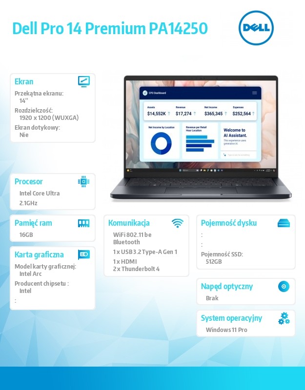 baselinker-1756548432.jpg Laptop Dell Pro 14 Premium PA14250 W11P Ultra 5 236V/16GB/512GB/14.0 FHD+ 300nit/Arc/FgrPr/Cams&Mic/WLAN+BT/BcklKb/3C/vPro/3YPS Magnesium