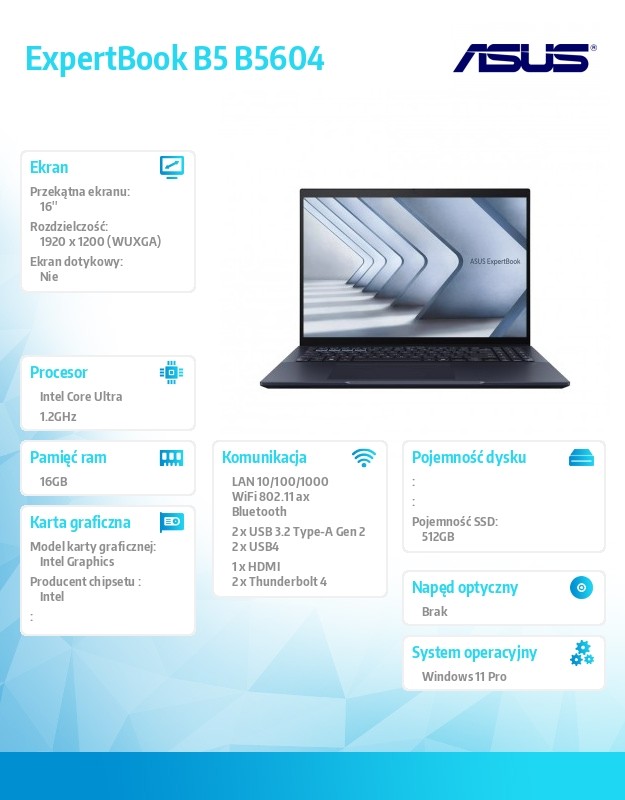 Notebook ExpertBook B5 B5604CMA-QW0665X - Ultra 5 125H/16GB/512GB/16 WUXGA/Win 11 PRO/3YRS