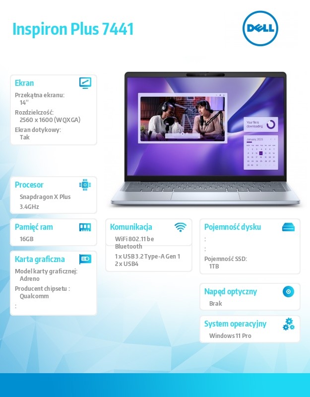 baselinker-1756548594.jpg Notebook Inspiron Plus 7441 Win11Pro XELITE12C/16GB/1TB SSD Gen4/14.0 QHD+ Touch/Adreno GPU/FgrPr/Cam & Mic/WLAN + BT/Backlit Kb/3 Cell/3Y Basic Onsit