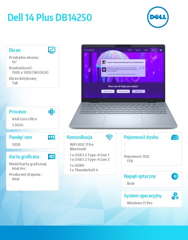 baselinker-1756548625-1.jpg Laptop Dell 14 Plus DB14250 Win11Pro Ultra 9 288V/32GB/1TB/14.0 FHD+ Touch/Arc/FgrPr/WLAN + BT/Backlit Kb/4 Cell/3Y ProSupport