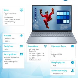 Notebook Dell 16 Plus DB16250 Win11Pro Ultra 9 288V/32GB/1TB/16.0 2.5K/Arc/FgrPr/WLAN + BT/Backlit Kb/4 Cell/3Y ProSupport