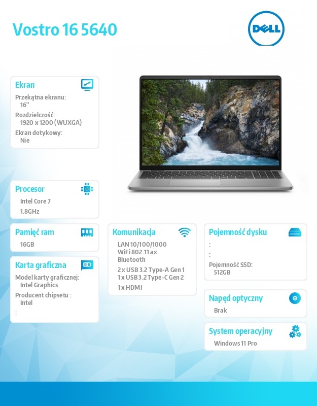 Laptop Vostro 16 (5640) Win11Pro 7-150U/16GB/512GB SSD/16.0 FHD+/Intel Graphics/FgrPr/WLAN+BT/Backlit Kb/4 Cell/3YPS