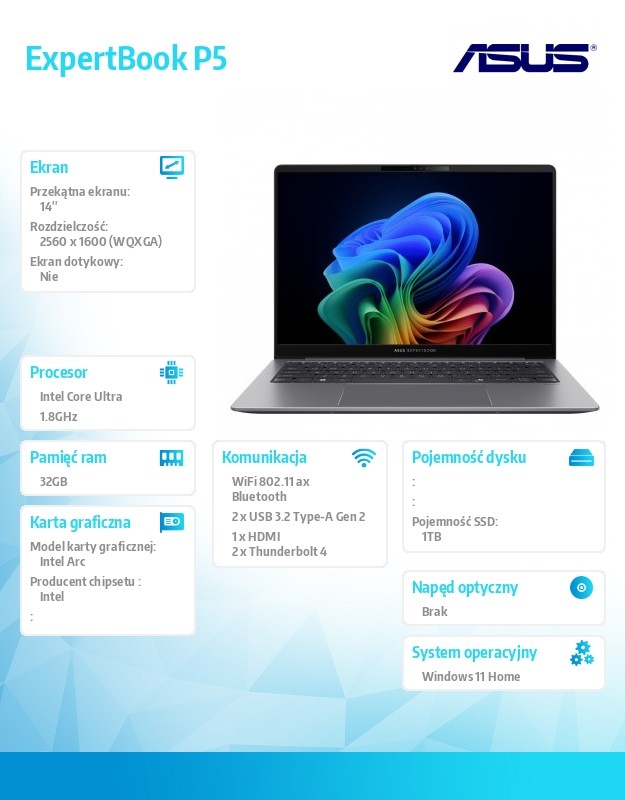baselinker-1756548791.jpg Notebook ExpertBook P5 P5405CSA-NZ0417W Ultra 7 258V 32GB/1TB Win 11Home/3YRS   Copilot+PC