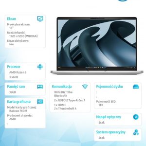 Laptop Dell Pro 16 Plus PB16255 W11P AMD Ryzen 5 PRO 230/32GB/1TB/16.0 FHD+/AMD Radeon 760M/FgrPr&SmtCd/FHD/IRCam/Mic/WLAN+BT/BcklKb/3C/3YPS