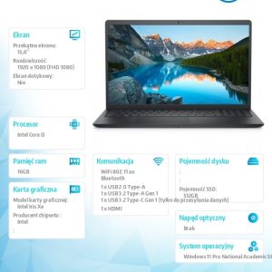 Laptop Inspiron 15 3530 Win11Pro EDU/Academic i5-1334U/16GB/512GB/15.6 FHD/Iris Xe/Non-Bcklit Kb/3C/3YOS