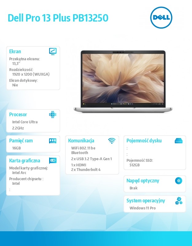 baselinker-1756548895.jpg Laptop Dell Pro 13 Plus PB13250 W11P Ultra 7 266V/16GB/512GB/13.3 FHD+/Arc/FgrPr&SmtCd/FHD/IRCam/Mic/WLAN only+BT/BcklKb/3C/vPro/3YPS Silver