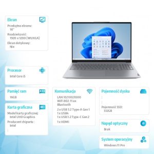 Notebook ThinkBook 16 G8 21SH00JMPB W11Pro i5-13420H/16GB/512GB/INT/16.0 WUXGA/Luna Grey/3YRS OS + CO2 Offset