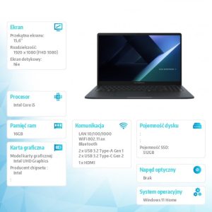 Notebook ExpertBook B1 B1503CVA-S72273W - i5-1334U/16GB/512GB/15.6 FHD/Win 11 HOME /3YRS