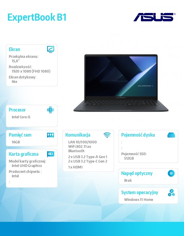 Notebook ExpertBook B1 B1503CVA-S72273W - i5-1334U/16GB/512GB/15.6 FHD/Win 11 HOME /3YRS