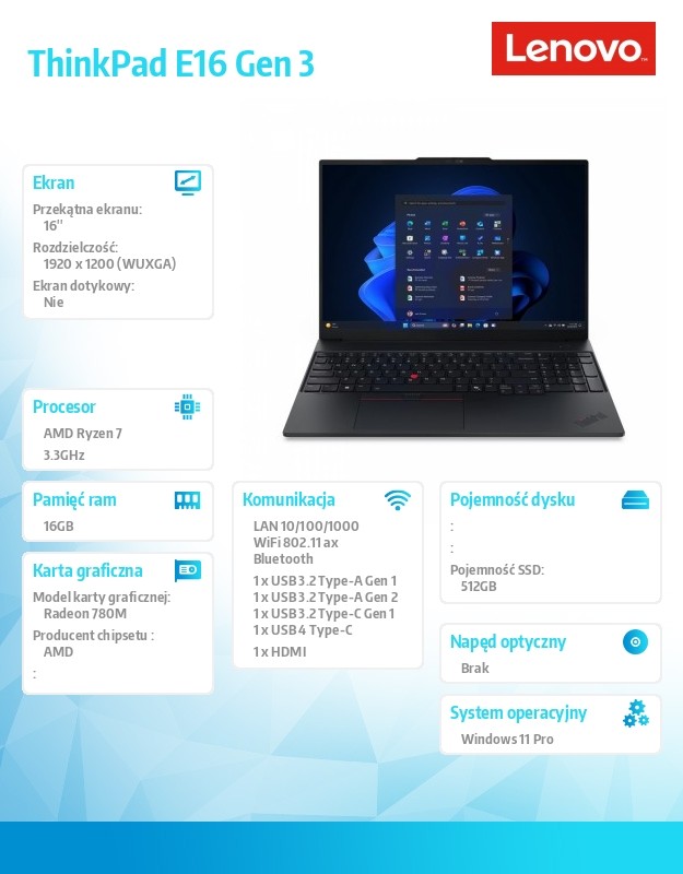 baselinker-1756549301.jpg Laptop ThinkPad E16 G3 21ST0035PB W11Pro 7 250//16GB/512GB/INT/16.0 WUXGA/Black/1YR Premier + 3YR OS + CO2 Offset