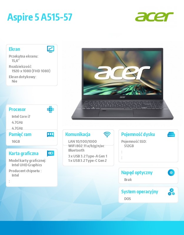 baselinker-1756549415.jpg Laptop Aspire 5 A515-57 i7-12650H/15.6 FHD IPS/16GB/512GB/  Stalowy Szary/NoOS