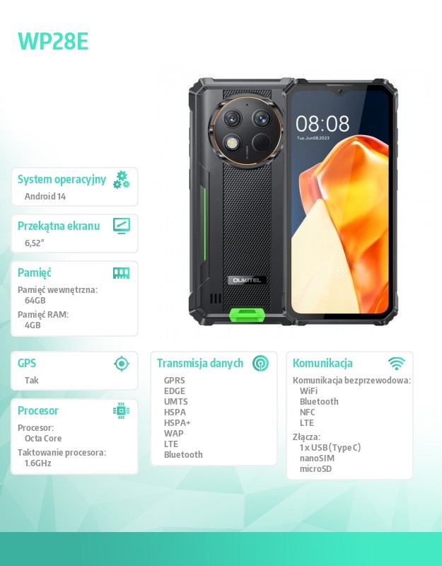 baselinker-1756645456.jpg Smartfon WP28E 4G 4/64GB IP69K Zielony