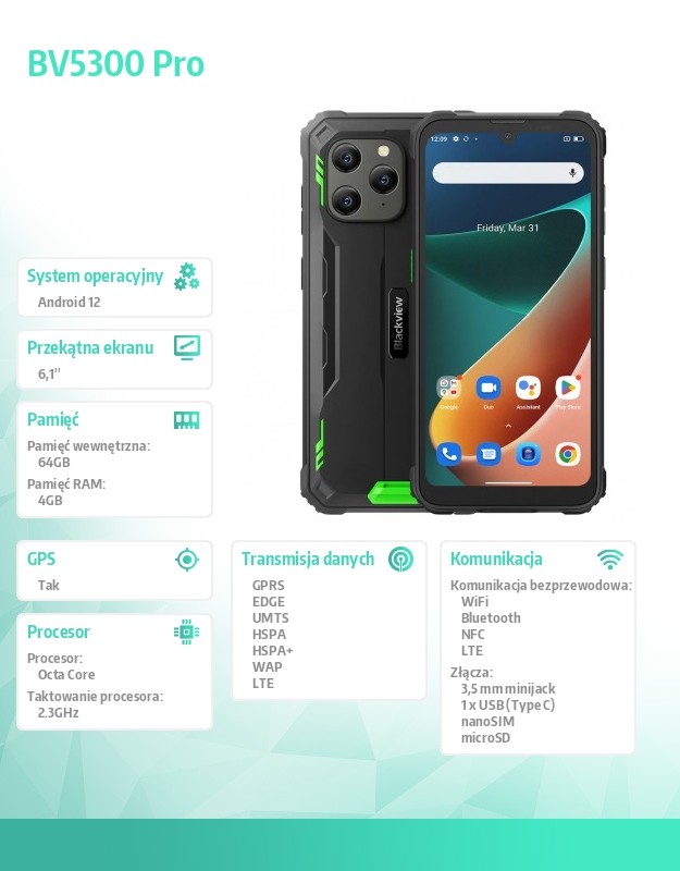 baselinker-1756645947.jpg Smartfon BV5300 PRO 4/64GB 6580h zielony