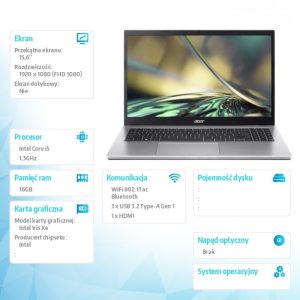 Notebook Aspire 3 A315-59-5608 i5-1235U, 15.6 FHD IPS, 16GB DDR4,  512GB SSD, NoOS, silver