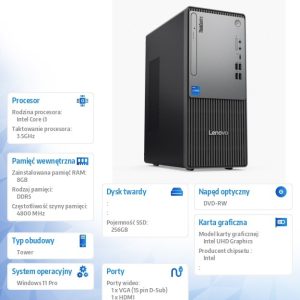 Komputer ThinkCentre Neo 50t G5 TWR 12UD002JPB W11Pro i3-14100/8GB/256GB/INT/DVD/3YR OS