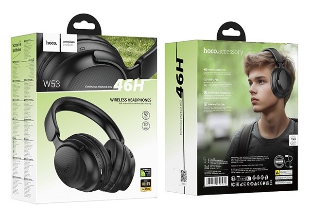 Hoco W53 Tone | Słuchawki bezprzewodowe nauszne | Bluetooth 5.4 | 46h pracy | Czarne