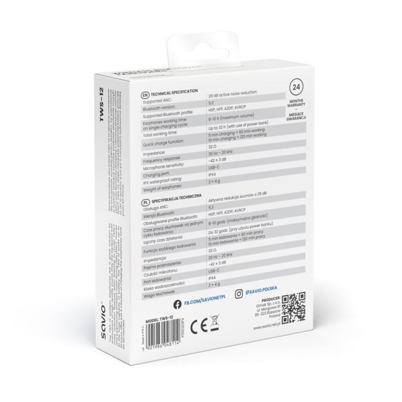 zdjecie-1754544195.jpg SAVIO TWS-12 | Bluetooth 5.3 | ANC i ENC | Słuchawki True Wireless