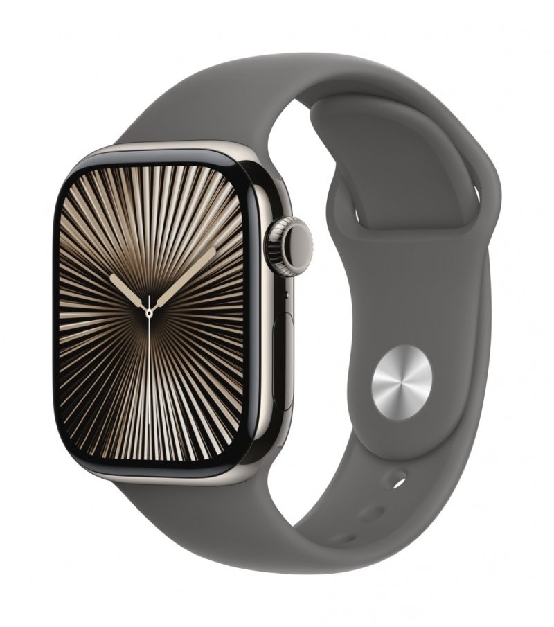 Watch Series 10 GPS + Cellular, koperta 42 mm z tytanu w kolorze naturalnym z paskiem sportowym w kolorze górskiej szarości - rozmiar M/L