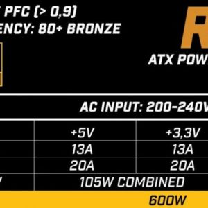 Zasilacz ATX RAPTOR 600W BRONZE 80+,Single Rail, DC-DC