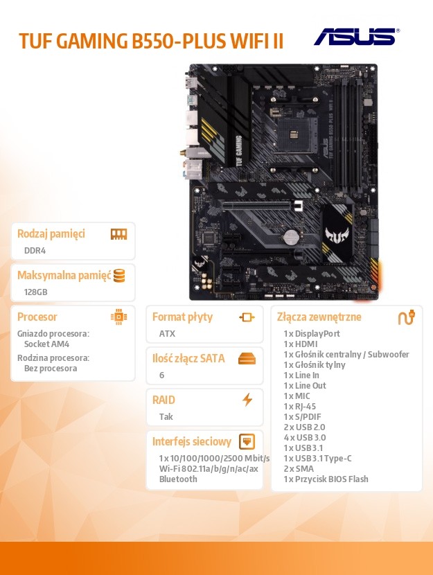 79ae0fa6baa907f4fa7f317e9af6ff5d.jpg Płyta główna TUF GAMING B550-PLUS WI FI II AM4 4DDR4 HDMI/DP M.2 ATX