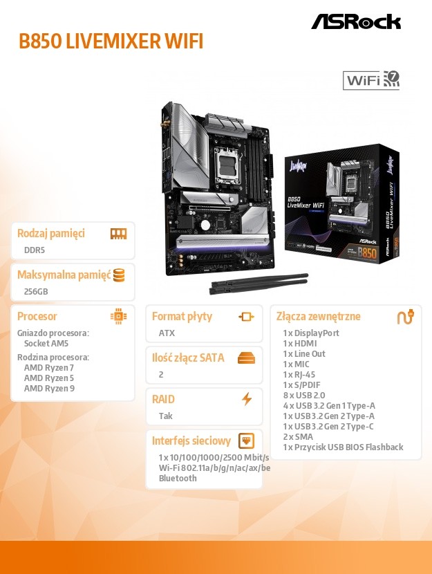 a3083780236847fc0be5e17af48d1cad.jpg Płyta główna B850 LIVEMIXER WIFI AM5 4DDR5 USB3.2 ATX