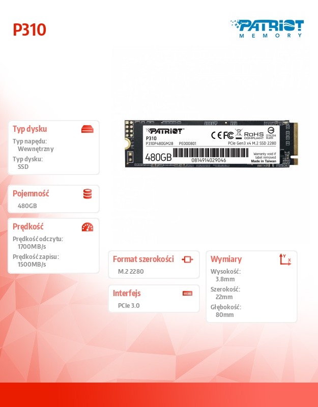 Dysk SSD P310 480GB M.2 2280 1700/1500 PCIe NVMe Gen3 x 4