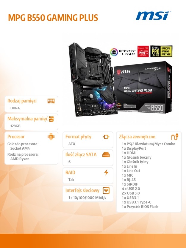 ca2d2543c8875c507d3809d4b180cd61.jpg Płyta główna MPG B550 GAMING PLUS AM4 4DDR4 HDMI/DP ATX