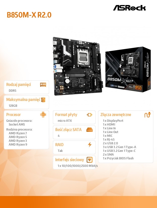 f27a2e279fa8202b73c86e08b56186fb.jpg Płyta główna B850M-X R2.0 AM5 2DDR5 M.2 USBC mATX