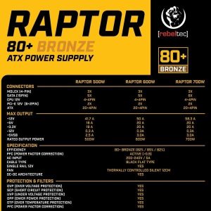 Zasilacz ATX RAPTOR 600W BRONZE 80+,Single Rail, DC-DC