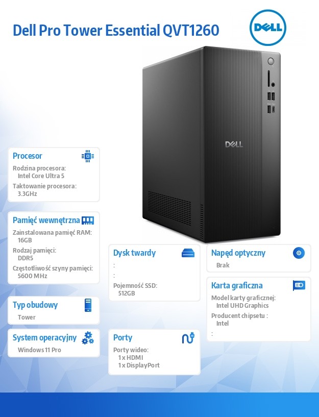 Komputer Dell Pro Tower Essential QVT1260 Win11Pro U5 225/16GB/512GB SSD/Intel UHD/WLAN+BT/Kb/Mouse/3YPS