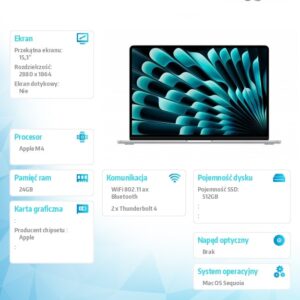 MacBook Air 15.3 cala: M4 10/10, 24GB, 512GB - Srebrny