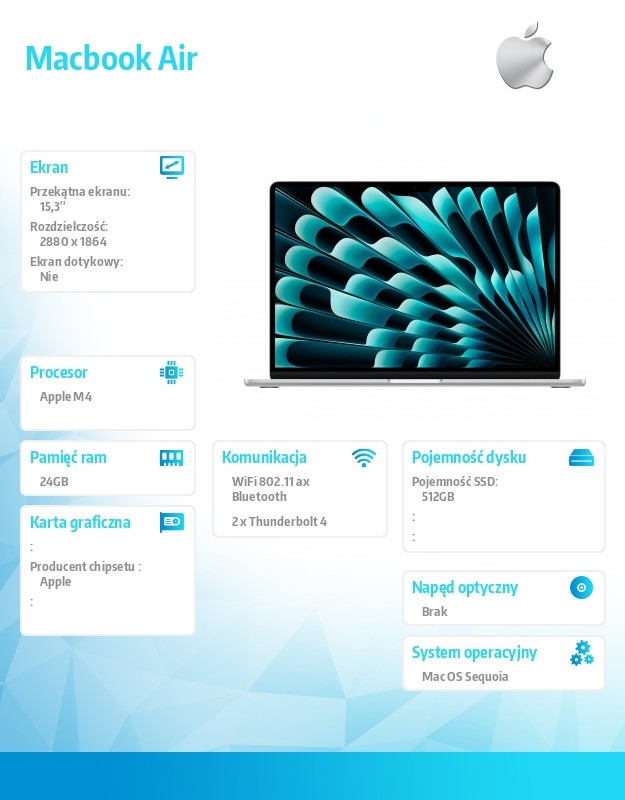 MacBook Air 15.3 cala: M4 10/10, 24GB, 512GB - Srebrny