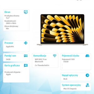 MacBook Air 15.3 cala: M4 10/10, 24GB, 512GB - Księżycowa Poświata