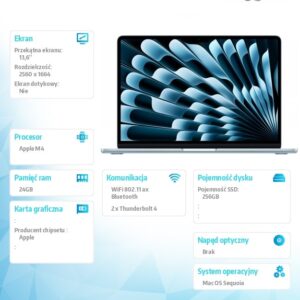 MacBook Air 13.6 cala: M4 10/10, 24GB, 256GB SSD, 70W - Błękitny