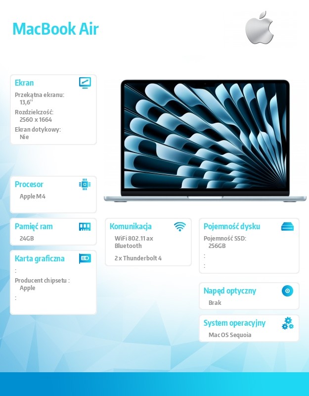 MacBook Air 13.6 cala: M4 10/10, 24GB, 256GB SSD, 70W - Błękitny