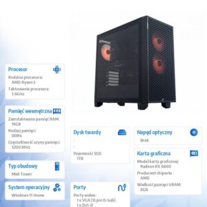 Komputer E-Sport GA520T-CR9 Ryzen 5 3600/16GB/1TB/RX 6600 8GB/W11H