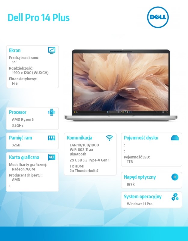 Laptop Dell Pro 14 Plus PB14255/AMD Ryzen 5 PRO 230/32GB/1TB SSD Gen4 CL25/14.0 FHD+/Radeon 760M/FgrPr&SmtCd/FHD/IR Cam/Mic/WLAN+BT/Backlit Kb/3 Cell/