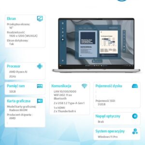 Laptop Dell Pro 16 PC16255/AMD Ryzen AI 7 PRO 350/32GB/512GB SSD CL25/16.0 FHD+ Touch/Radeon 860M/FgrPr/FHD/IR Cam/Mic/WLAN+BT/Backlit Kb/3Cell/W11P
