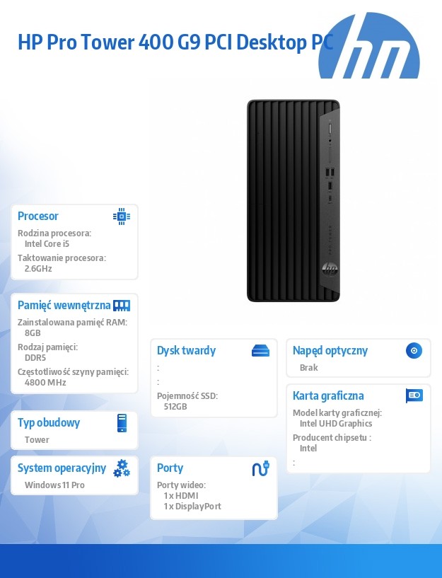 Komputer Pro Tower 400 G9 PCI i5-14500 512GB/8GB/W11P 9H7M7ET