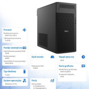 Komputer Dell Pro Max Tower T2 FCT2250 Win11Pro U7 265/16GB/512GB/Integrated/No Wifi/Wireless Kb & Mouse/vPro/3Y ProSupport