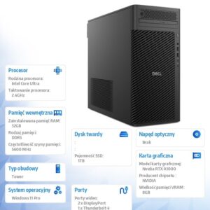 Komputer Dell Pro Max Tower T2 FCT2250 Win11Pro U7 265/32GB/1TB/NVIDIA RTX A1000 8GB/No Wifi/Wireless Kb & Mouse/500W/vPro/3Y ProSupport