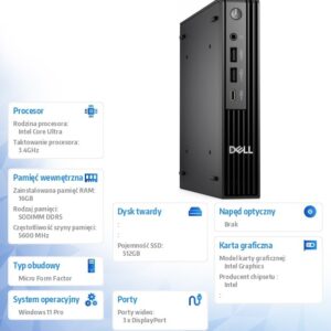 Komputer Dell Pro Micro Plus QBM1250 W11Pro U5 235/16GB/512GB CL35/Integrated/WLAN + BT/Wireless Kb & Mouse/3YPS