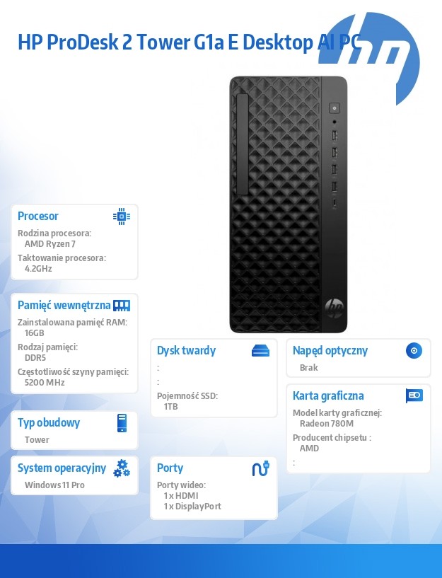 Komputer ProDesk 2 Tower G1a R7-8700G 1TB/16GB/W11P      BY7D8ET