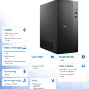 Komputer Dell Tower ECT1250 Win11Pro i3-14100/8GB/512GB SSD/UHD 730/WLAN + BT/Kb & Mouse/3YPS