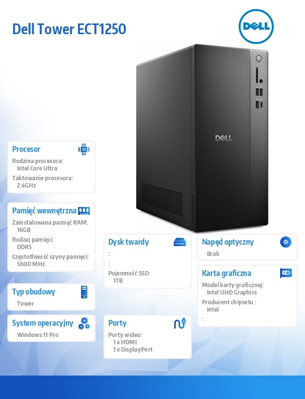 Komputer Dell Tower ECT1250 Win11Pro U7 265/16GB/1TB SSD/UHD/WLAN + BT/Kb & Mouse/3YPS